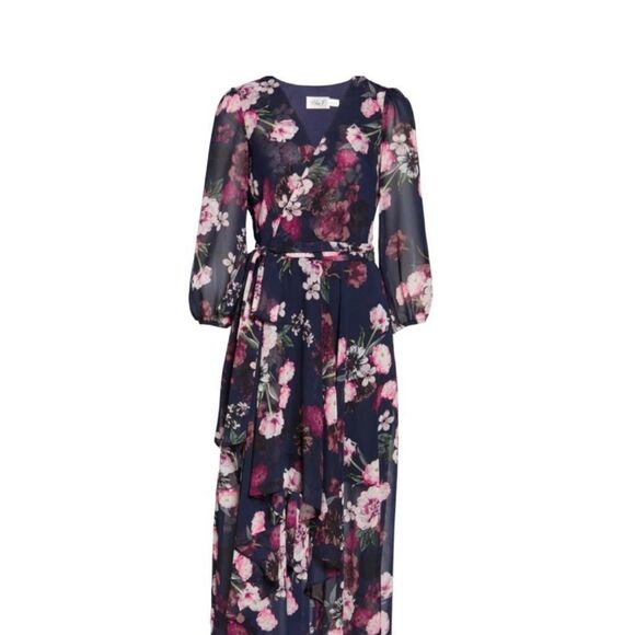 Eliza J Floral High Low Maxi Dress Navy Pink 4 NWT - Picture 5 of 11